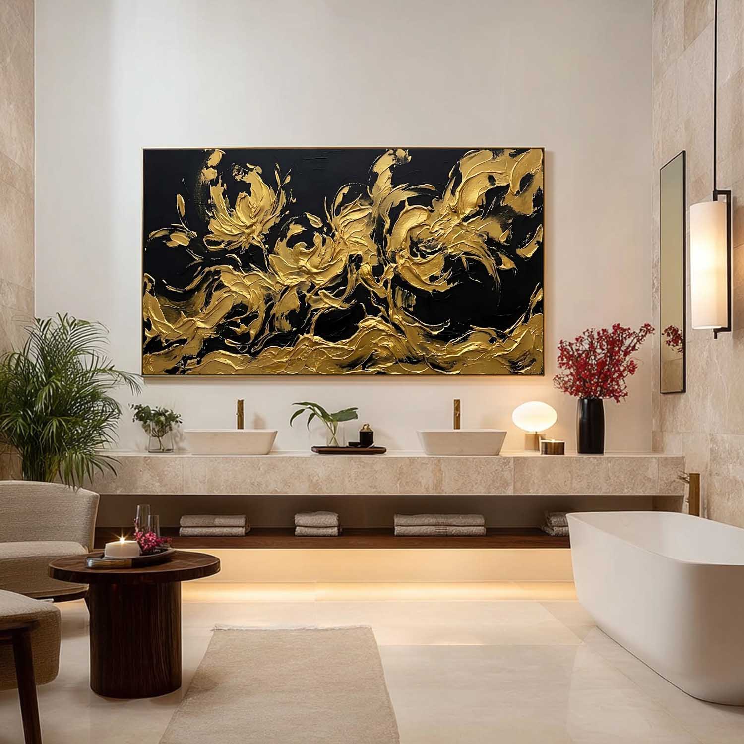 Panoramic Black And Gold Abstract Flower Art 3D Abstract Texture Decor