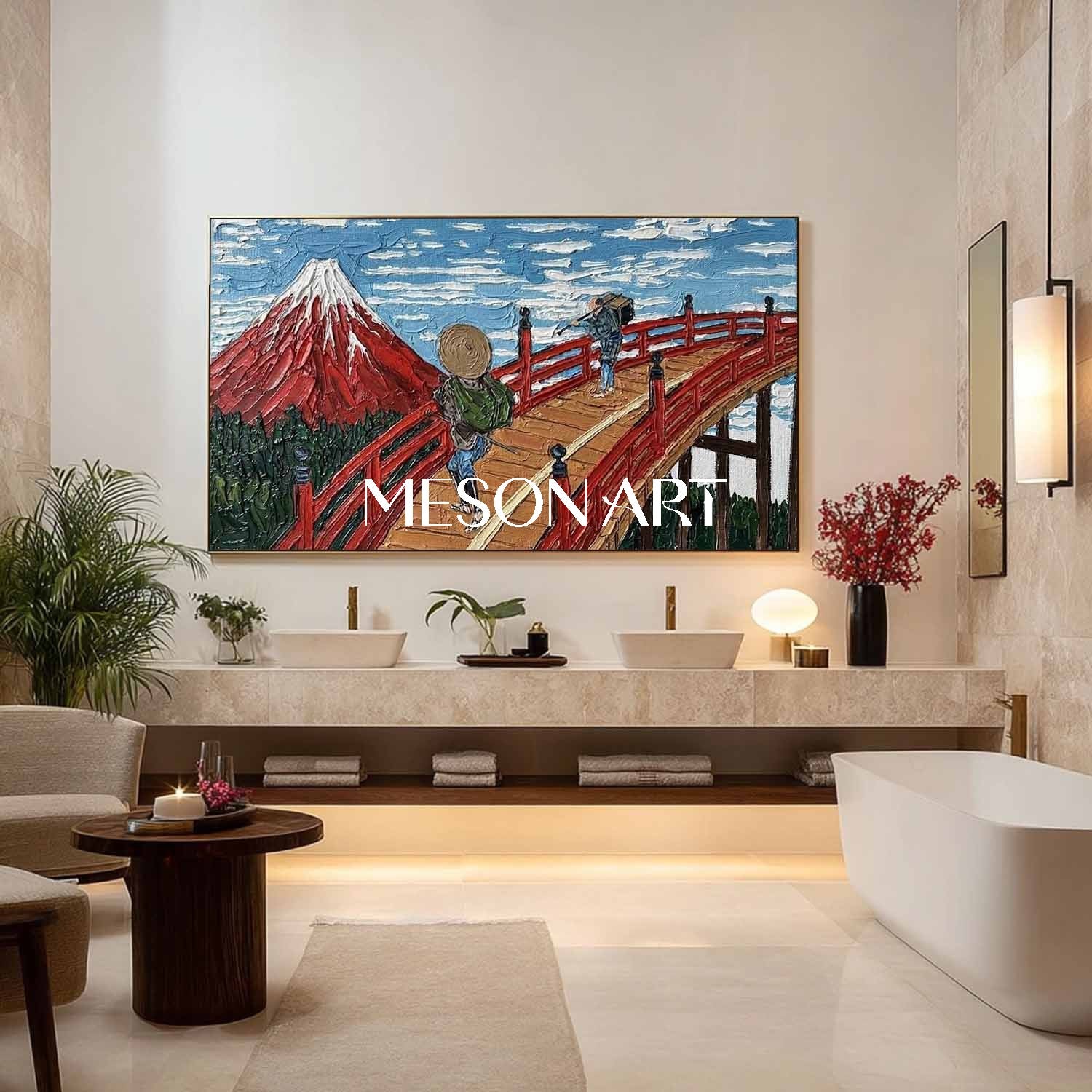 Red Mt Fuji & Japanese Bridge Art - 3D Textured Panoramic Oil Painting