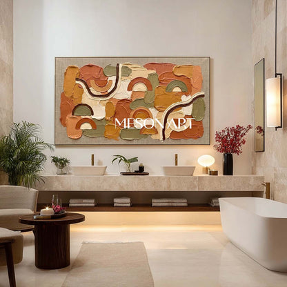 Bohemian Minimalist Oil Painting Abstract Textured Art With Arched Lines.