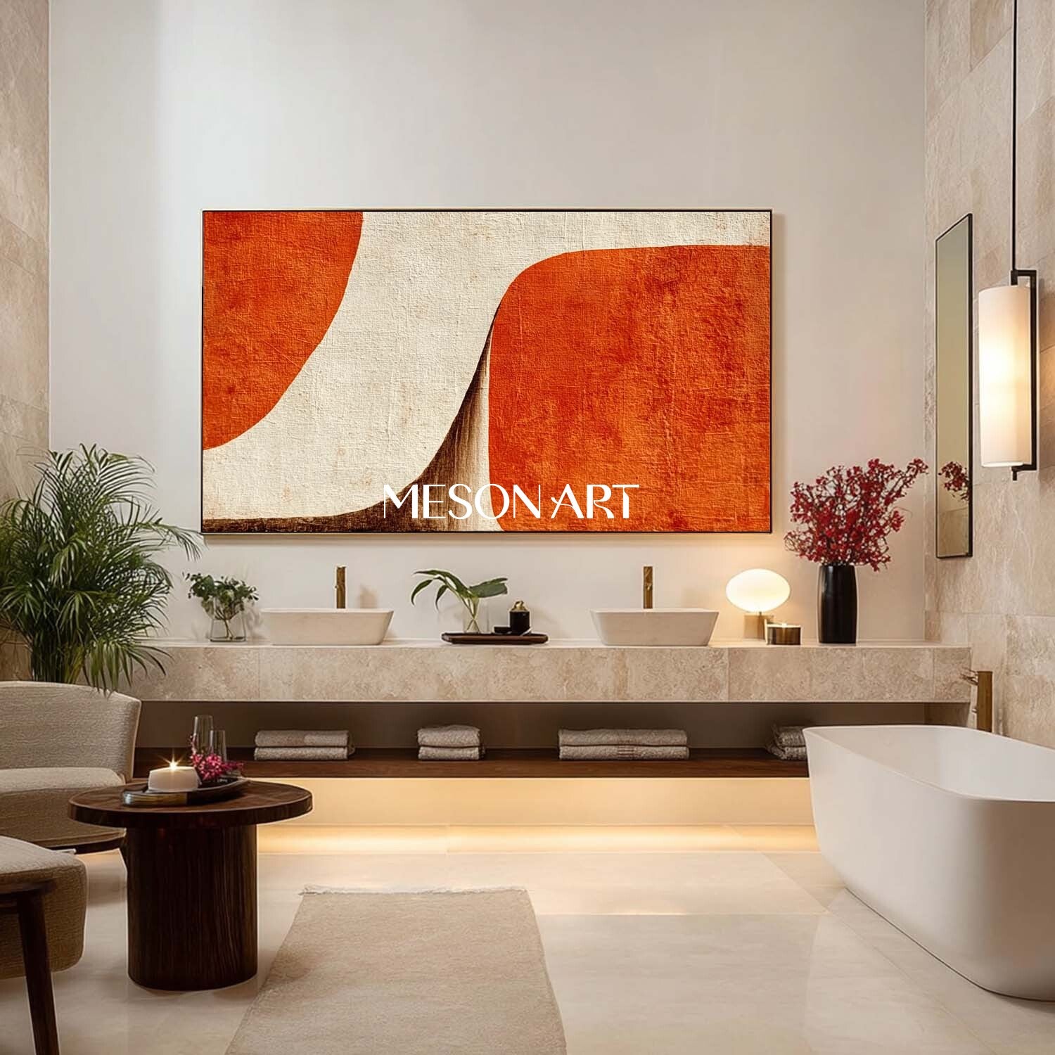 Minimalist Abstract Wall Art Orange and Beige Geometric Canvas Decor