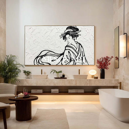Panoramic 3D Textured Geisha Canvas | Black And White Japandi Wall Decor