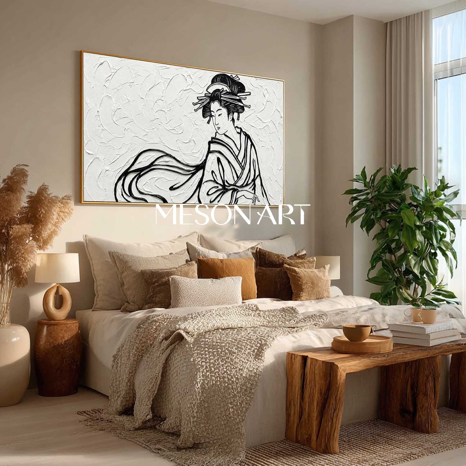 Panoramic 3D Textured Geisha Canvas | Black And White Japandi Wall Decor