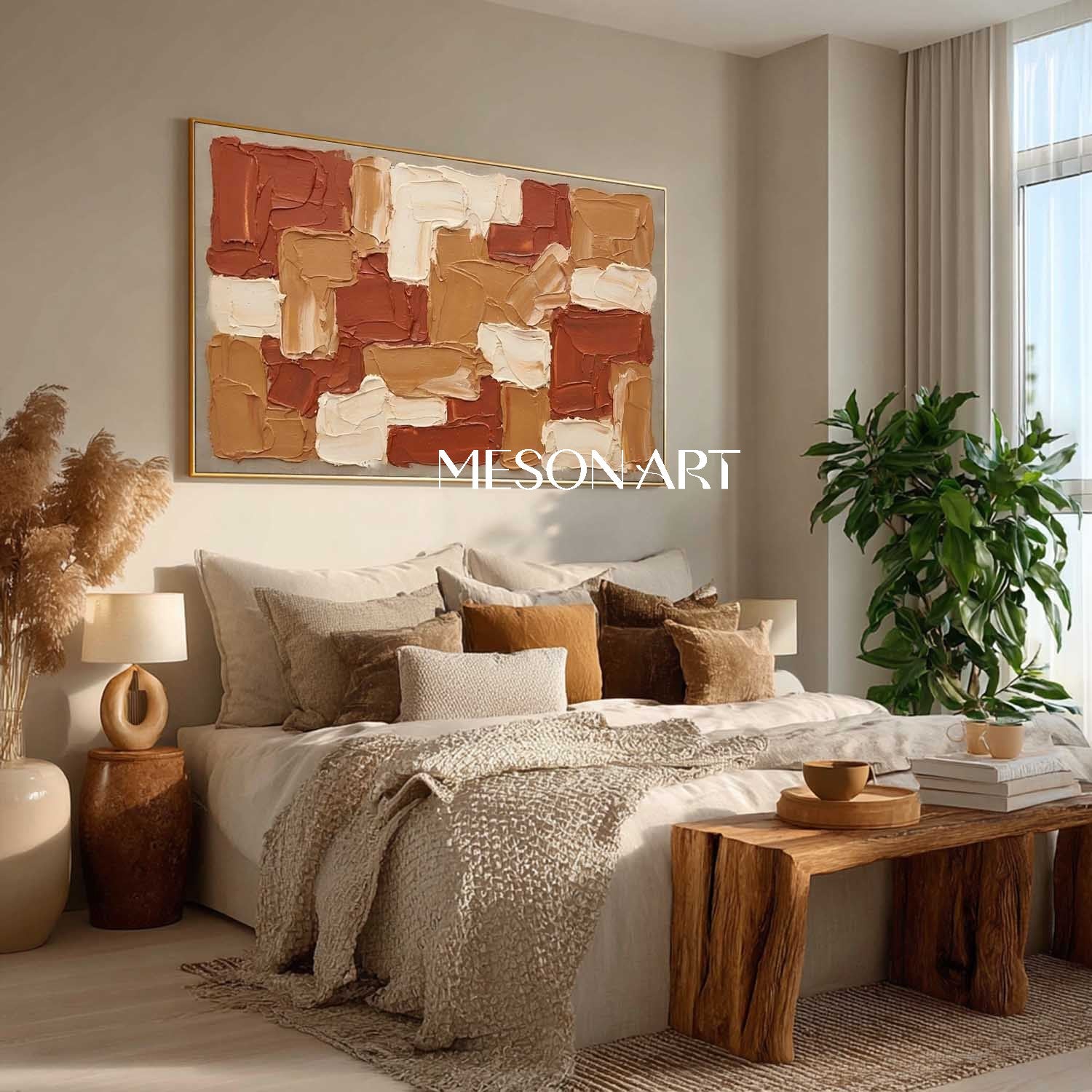 テラコッタ抽象壁アート寝室ボヘミアンミニマル絵画 – MesonArt
