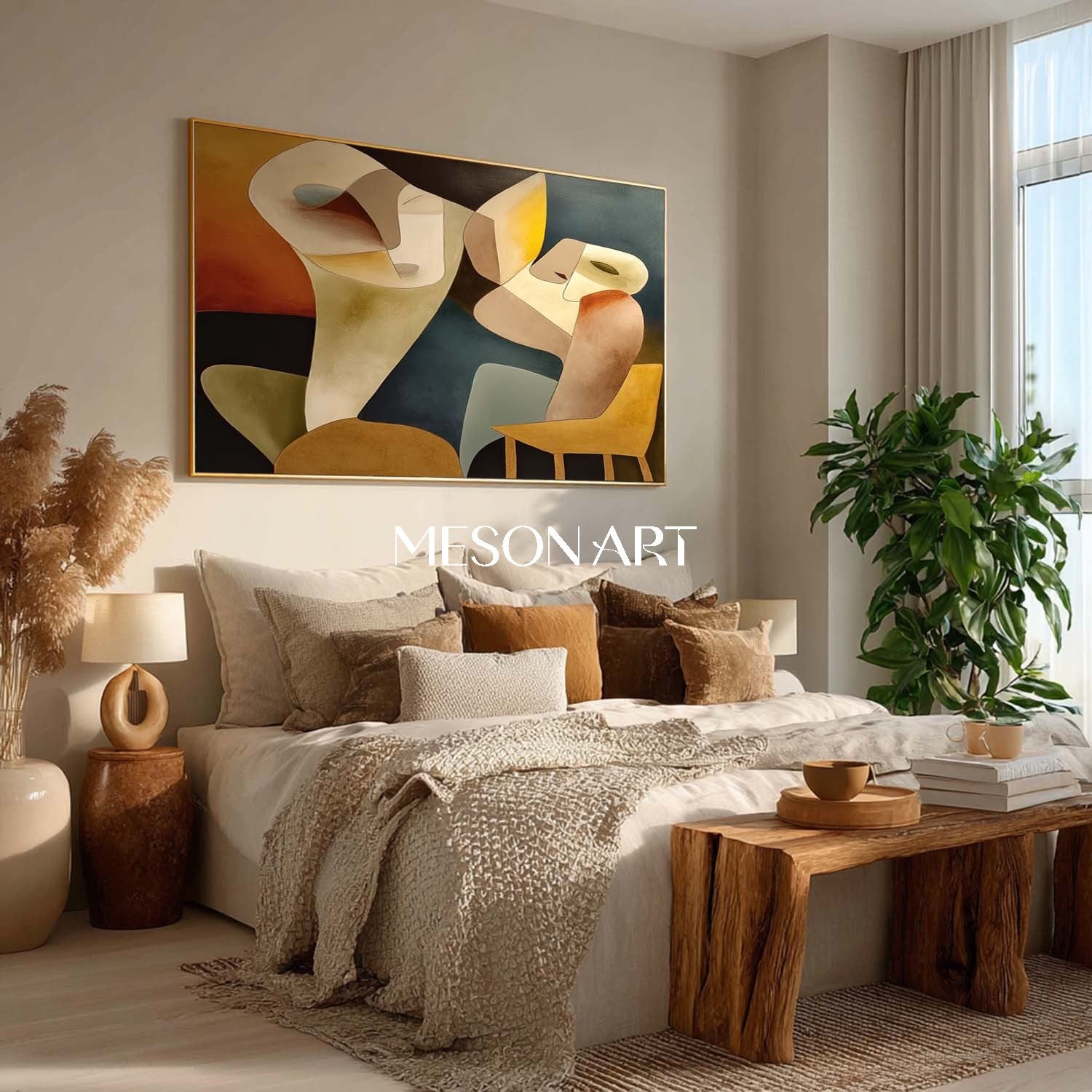 Original Geometric Abstract Canvas Colorful Cubist Painting Bedroom