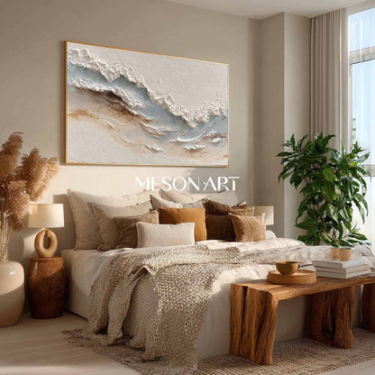 Large 3D Off-White Sea Texture Painting White Plaster Abstract Canvas Wall Art Decoration