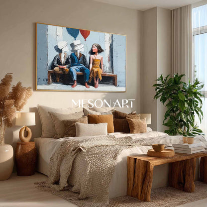 Surreal Boy and Girl with Balloons Abstract Kids Sitting on Bench | Mesonart