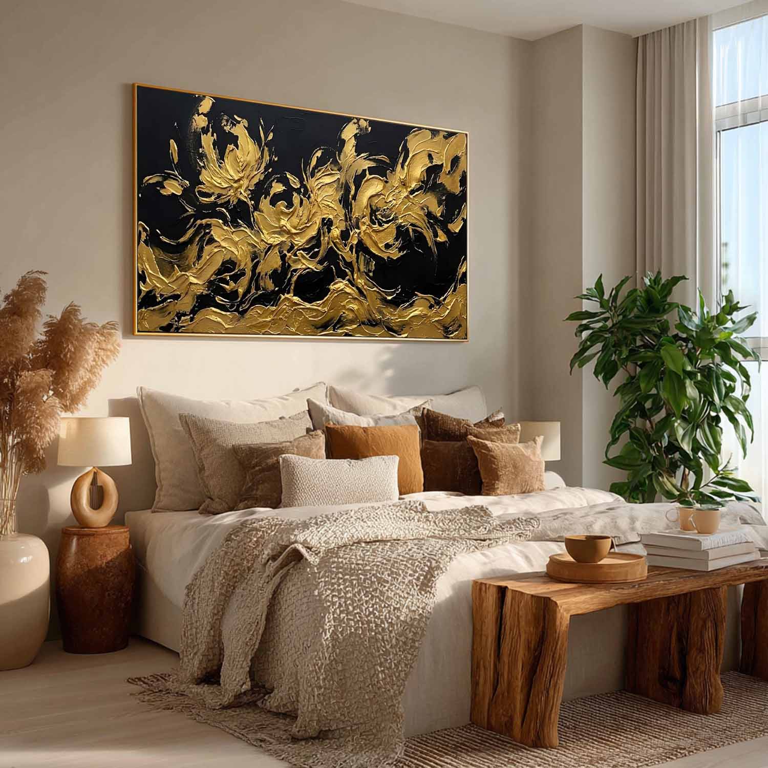 Panoramic Black And Gold Abstract Flower Art 3D Abstract Texture Decor