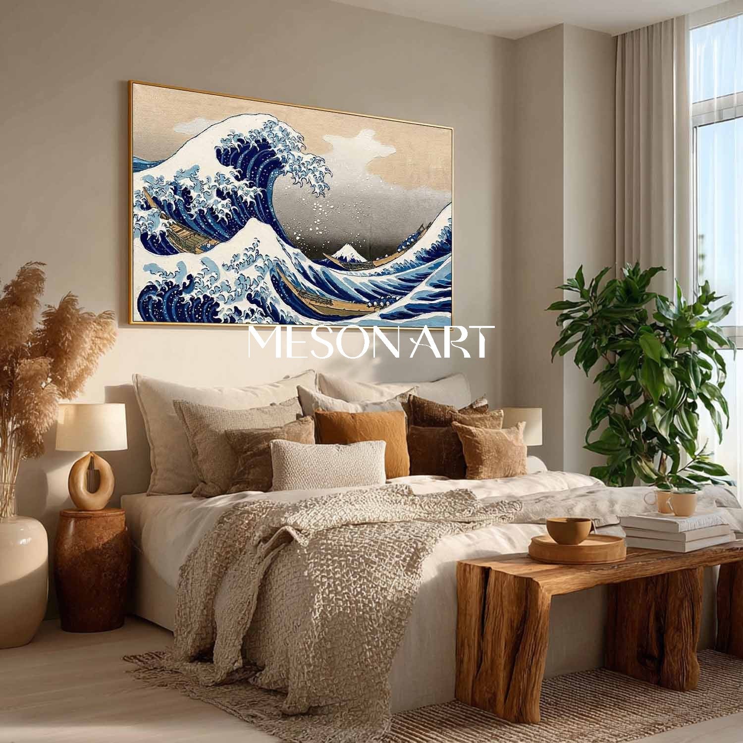 MesonArt 3D Textured Great Wave Oil Painting | Hokusai Reproduction Canvas Wall Art | Gold Framed Japandi Decor