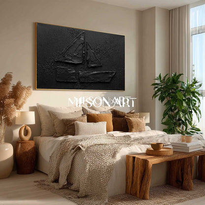 All Black Minimalist Sailboat Textured Canvas Painting Unique Nautical Art Gift