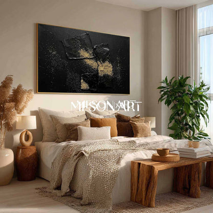 Black & Gold Abstract Textured Canvas Art Industrial Chic Home Office Accent
