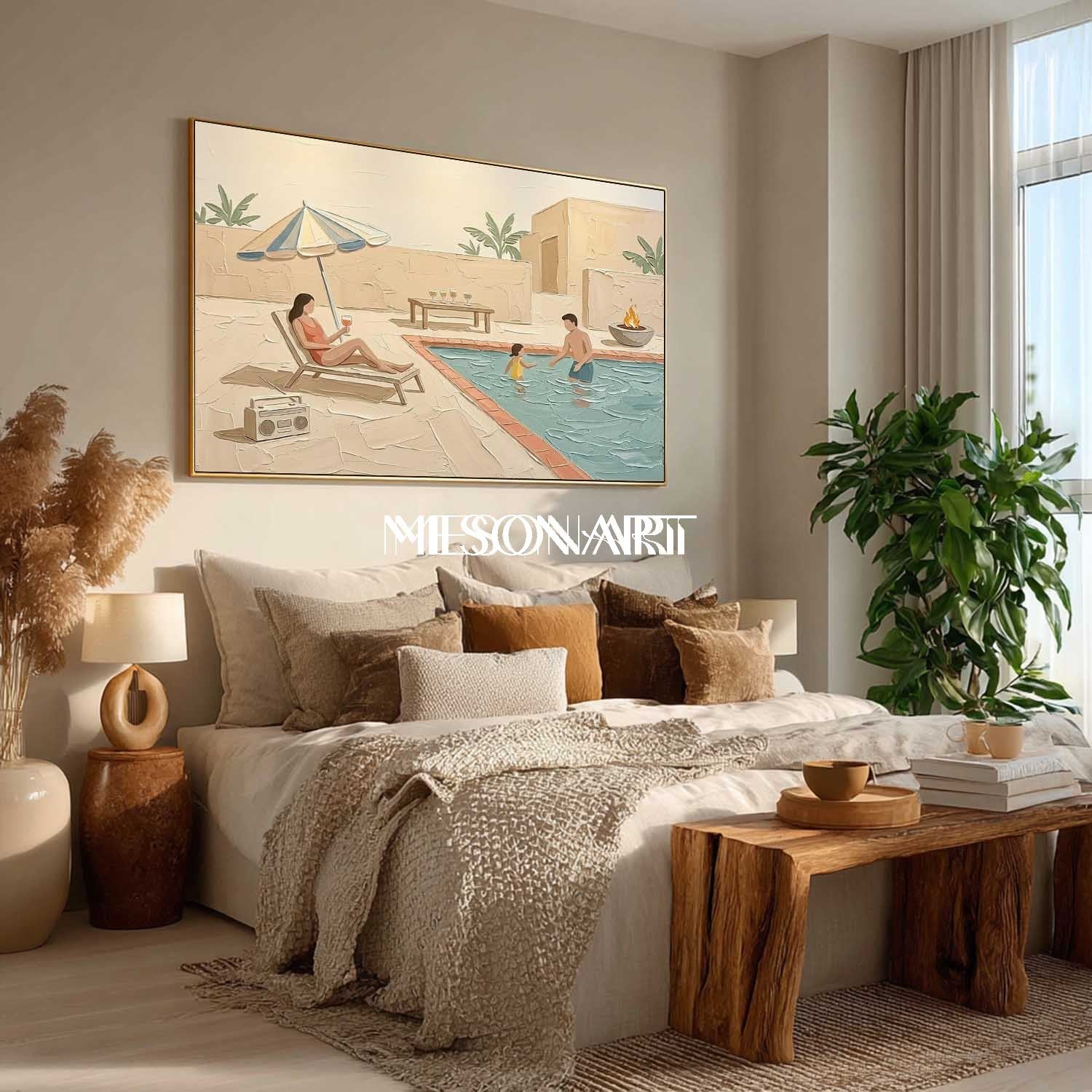 Pool Family Impasto Artwork Textured Wall Decor Large Framed Canvas Ready To Hang