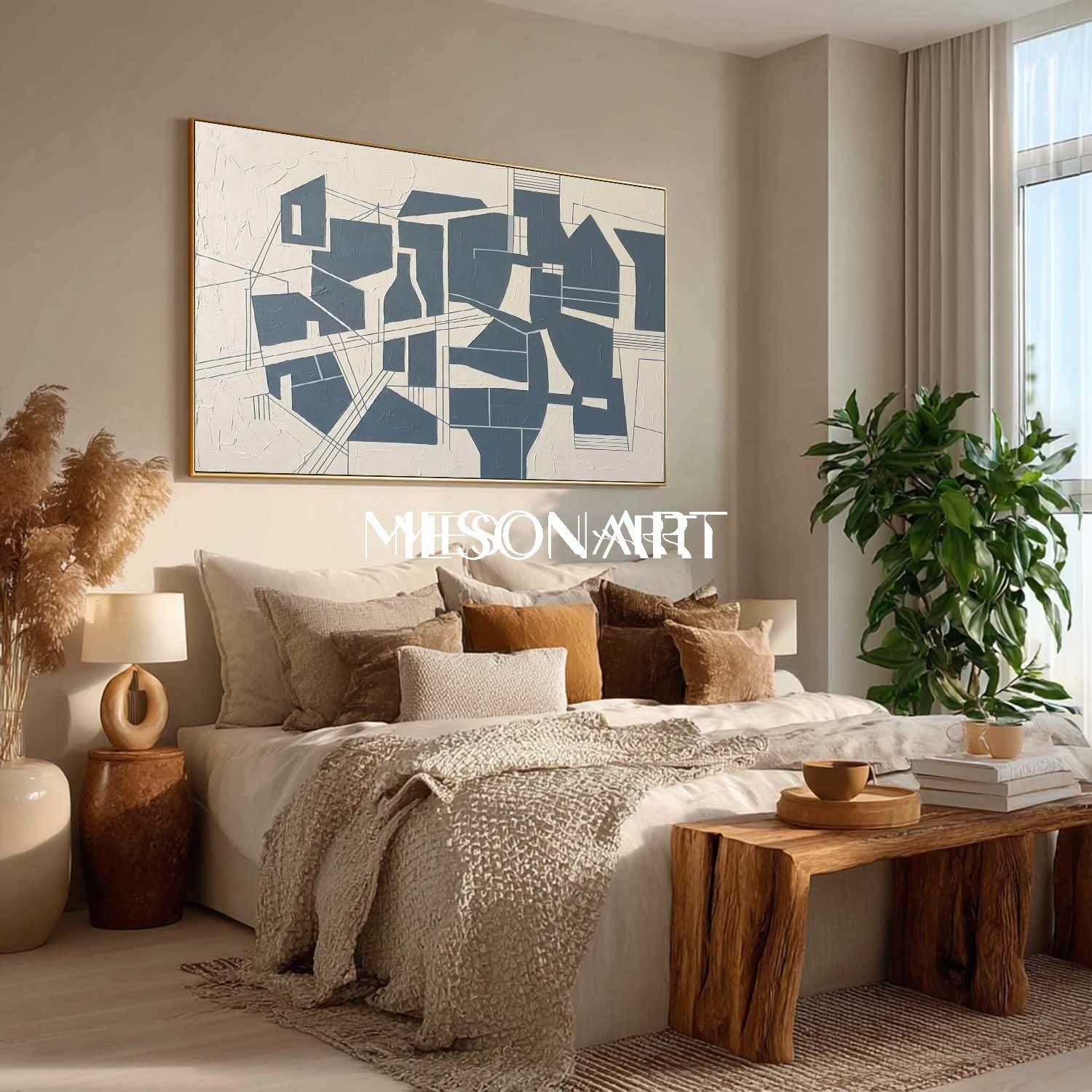 Navy Blue Abstract Painting MesonArt | Modern Navy Geometric Textured Canvas Wall Art