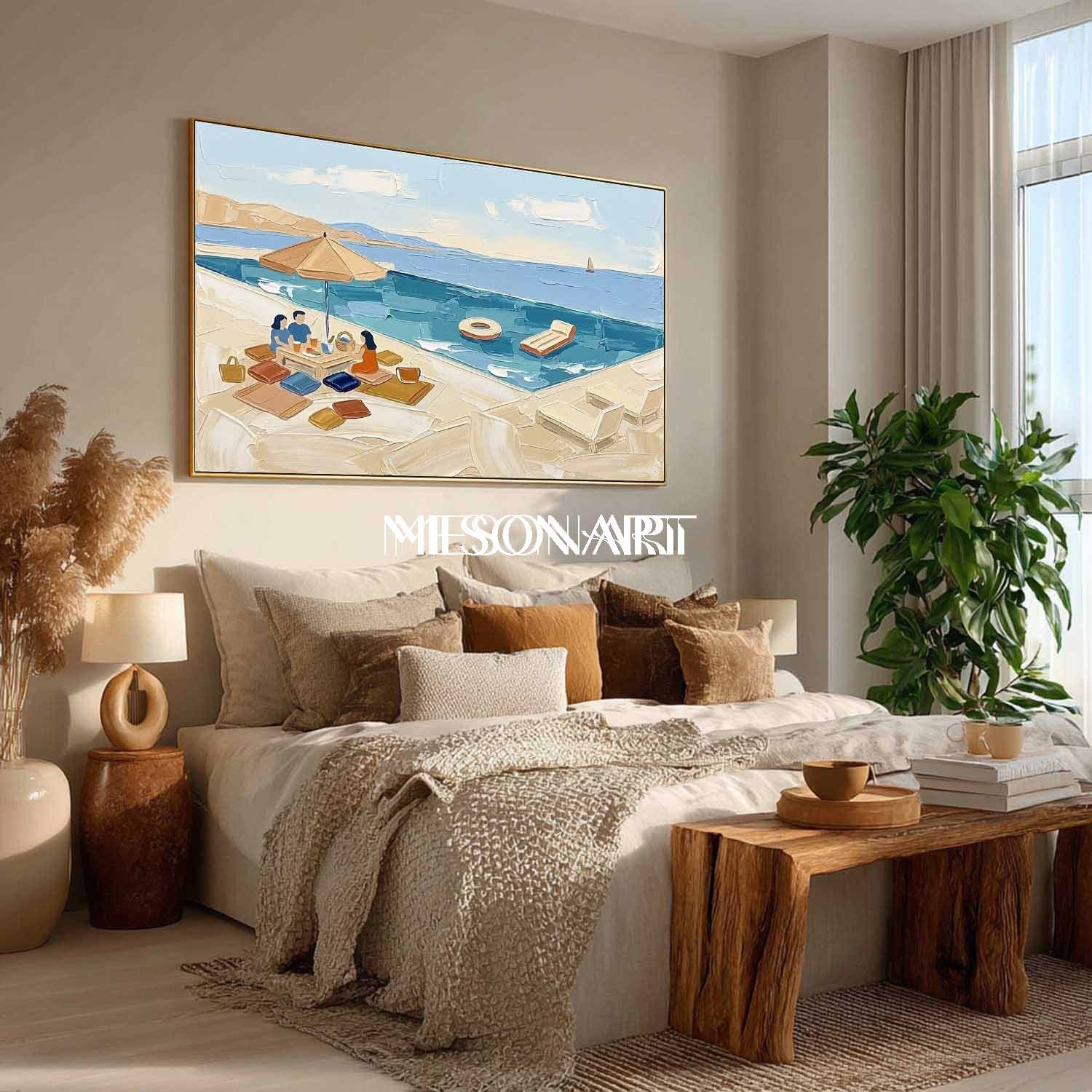 Coastal Pool Picnic Impasto Painting Textured Wall Art Summer Coastal Resort Living Room Bedroom Decor
