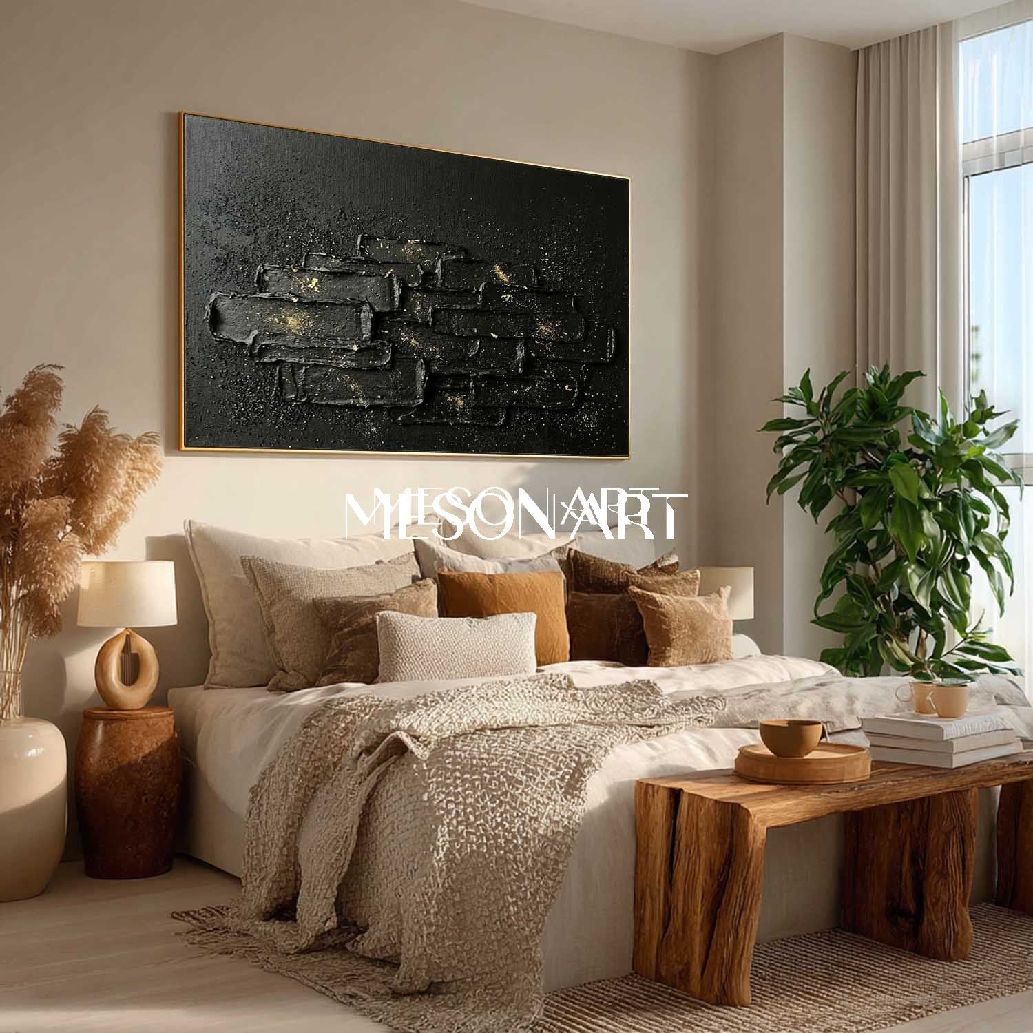 Industrial Dark Aesthetic Painting Textured Black Geometric Canvas Modern Luxury Living Room Decor