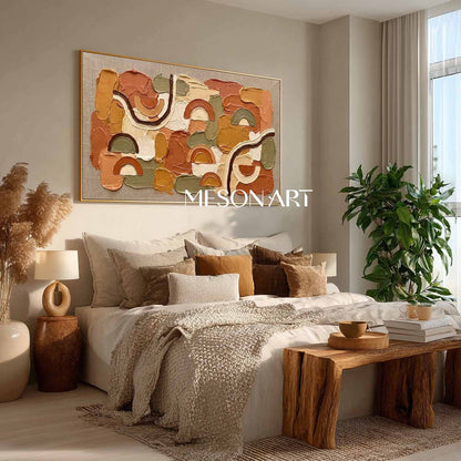 Bohemian Minimalist Oil Painting Abstract Textured Art With Arched Lines.