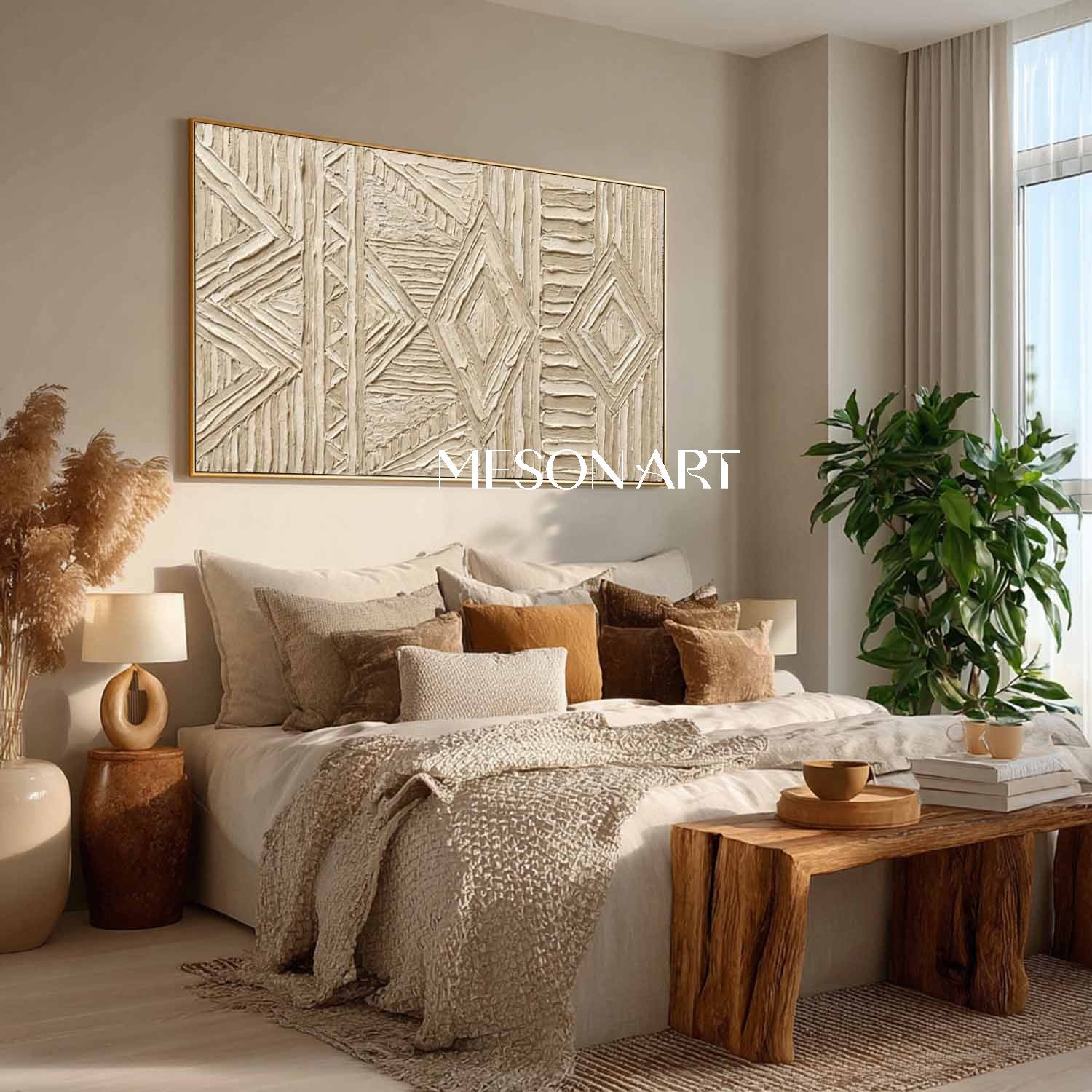 Panoramic Beige Tribal Geometric Art | 3D Textured Relief Decor