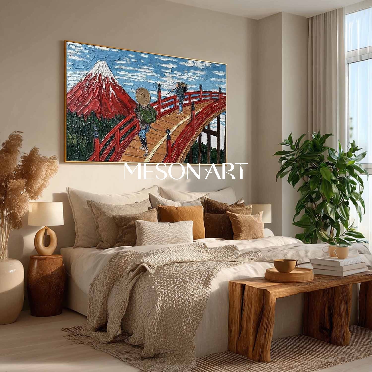 Red Mt Fuji & Japanese Bridge Art - 3D Textured Panoramic Oil Painting