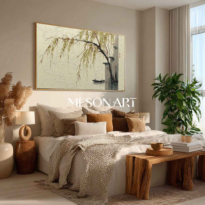 Minimalist Willow Landscape in Ink-Wash Style – Framed Wall Art | Mesonart