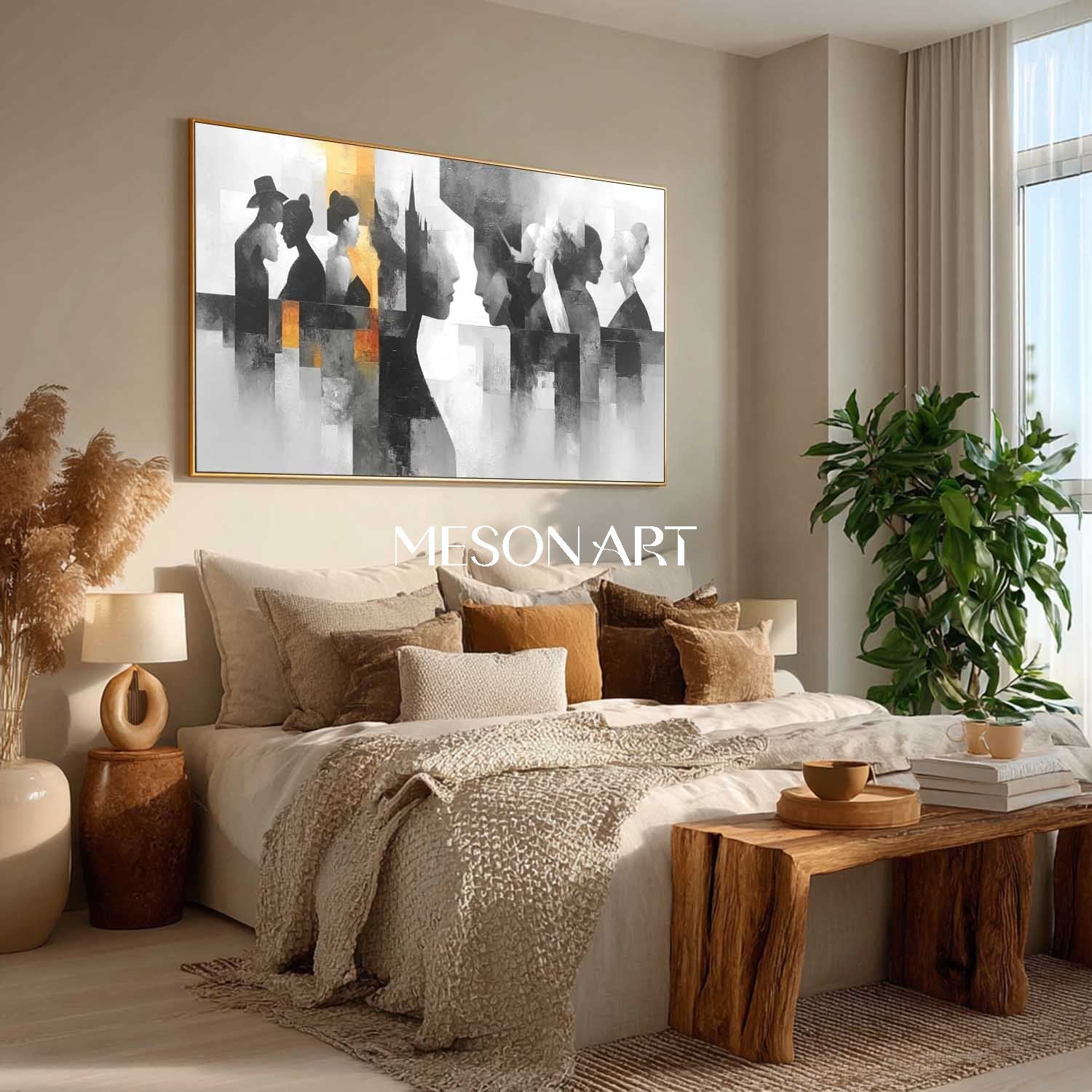 Buy Abstract Silhouette Figures Oil Painting Black White Geometric Art