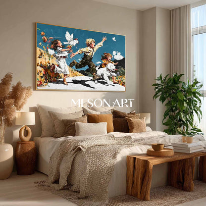 Magical Childhood Moment Surreal Canvas with Kids and Pet Dog