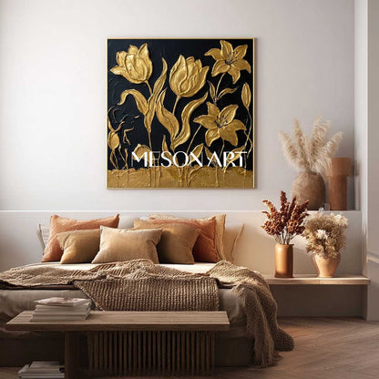 Handmade Black And Gold Tulip Oil Painting Luxury Canvas Painting