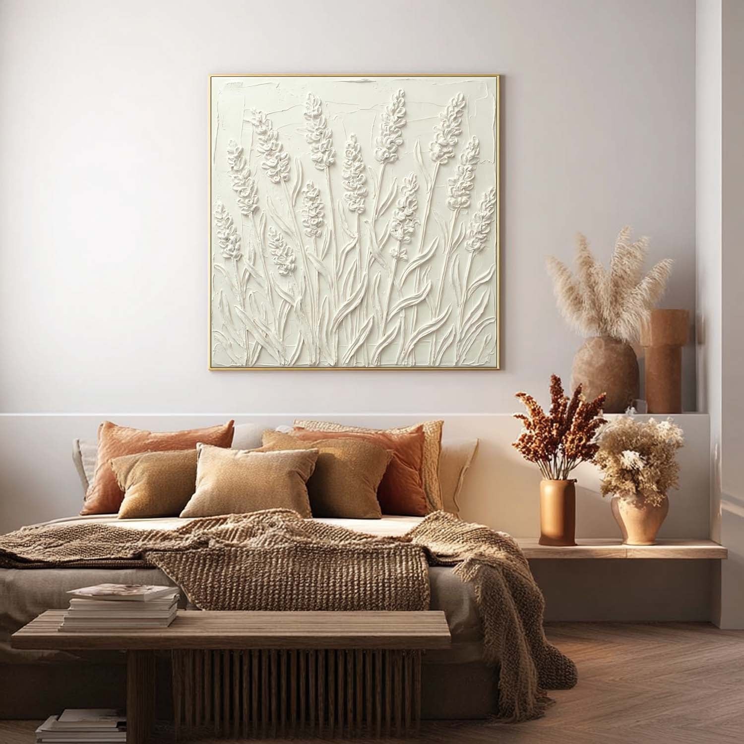 3D White Lavender Art Flower Textured Wall Painting Plaster Canvas Art