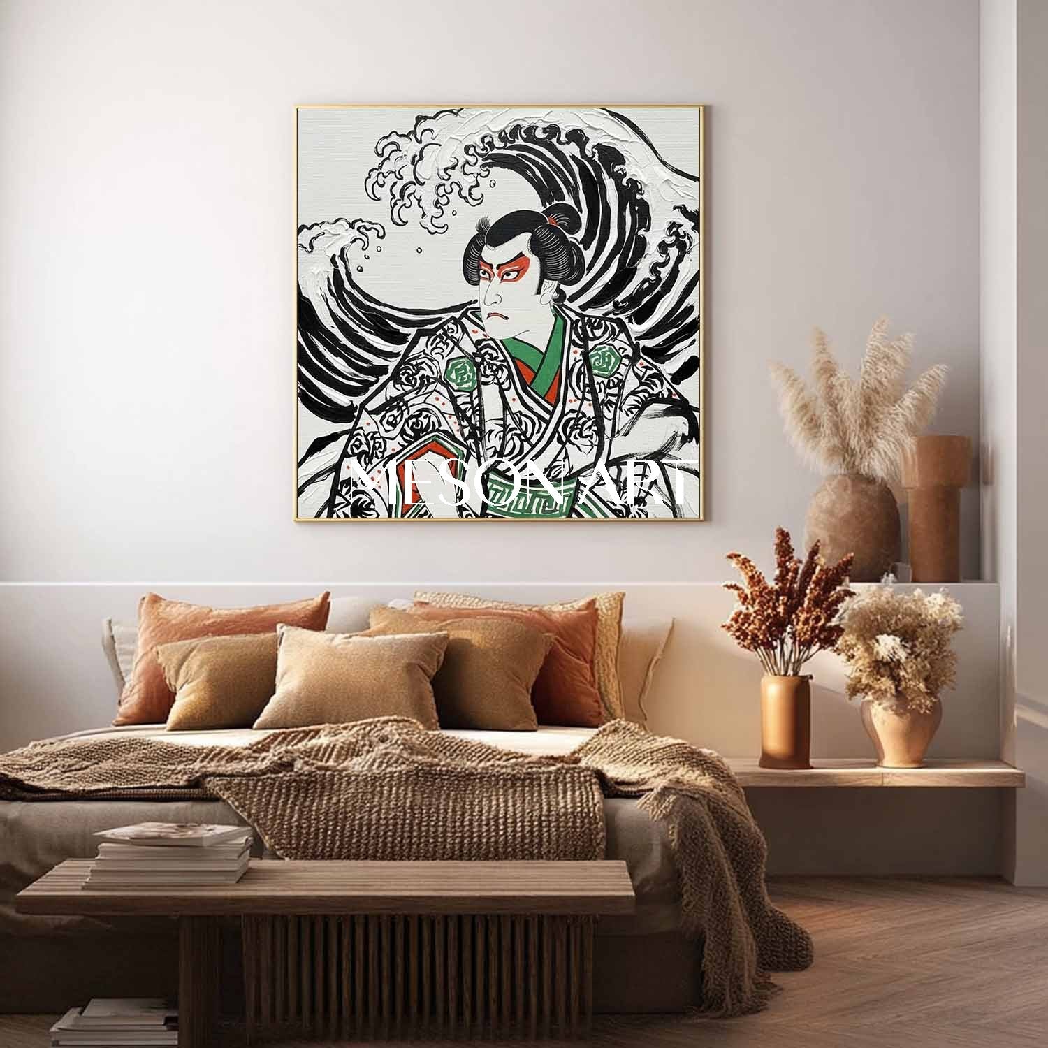 Textured Great Wave Kabuki Art - 3D Plaster Japanese Canvas