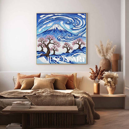 Mount Fuji Cherry Blossom Impasto Oil Painting | 3D Textured Canvas Wall Art | MesonArt