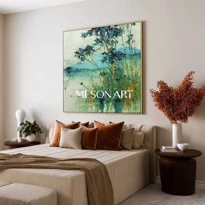 Textured Wabi-Sabi Landscape Canvas – Bamboo, Water & Distant Hills