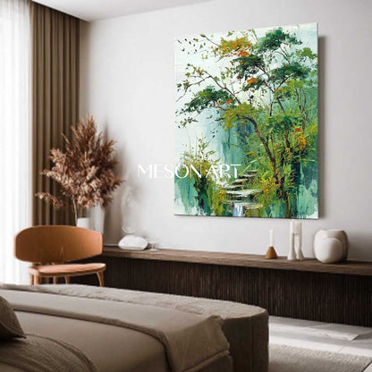 Impressionist Nature Wall Art – Textured Green Landscape Canvas