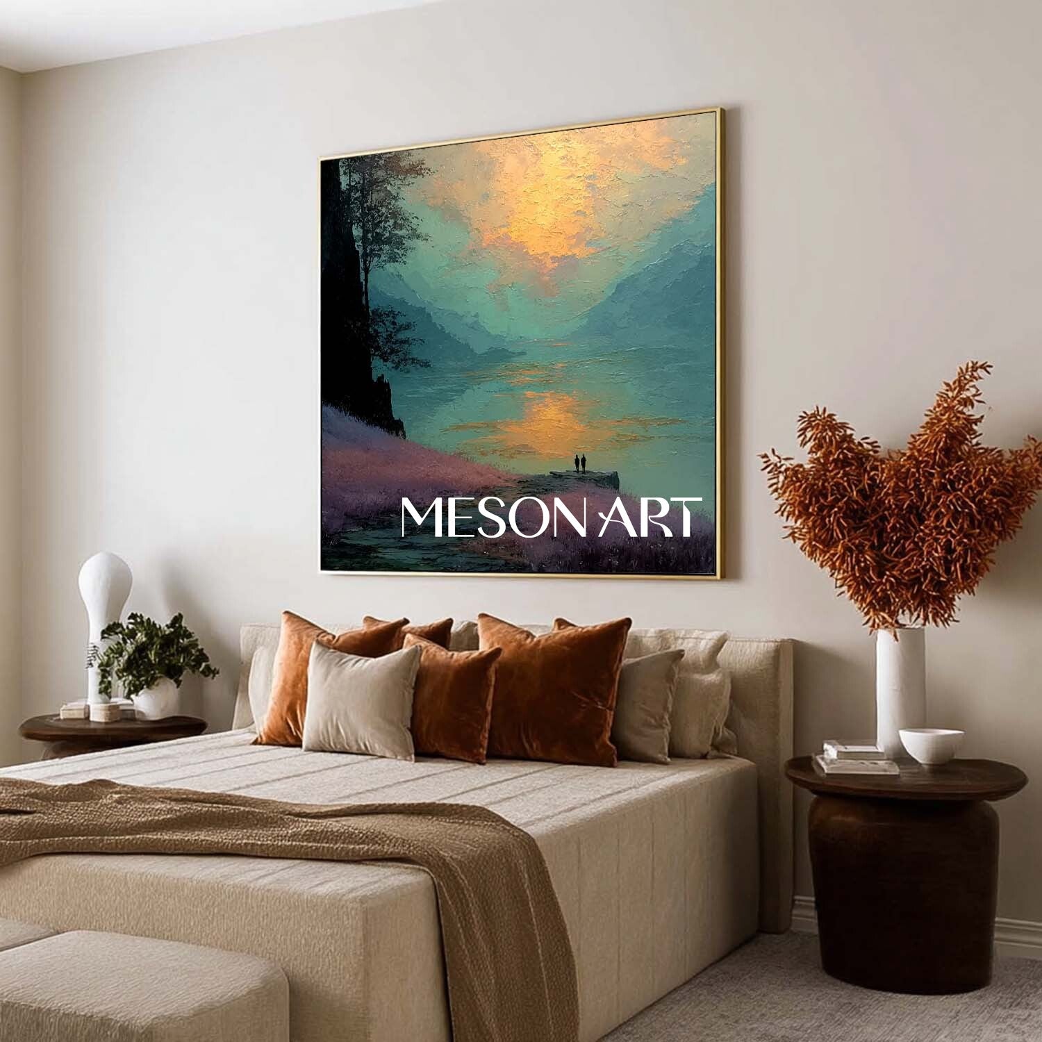 Textured Landscape Canvas – Romantic Sunset Lake Wall Art Decor