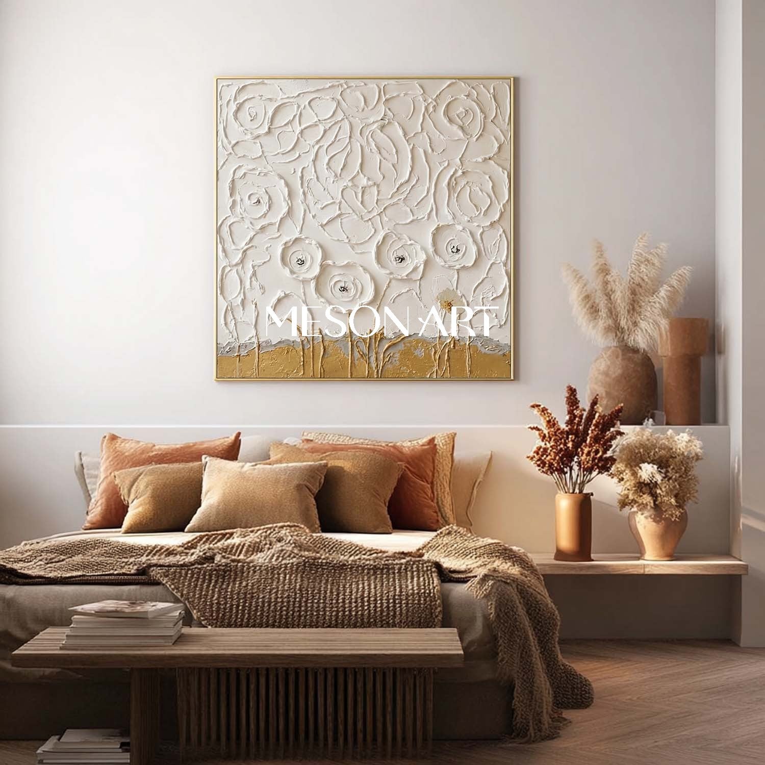 3D Textured White Flower Canvas Art | Gold Plaster Wall Decor