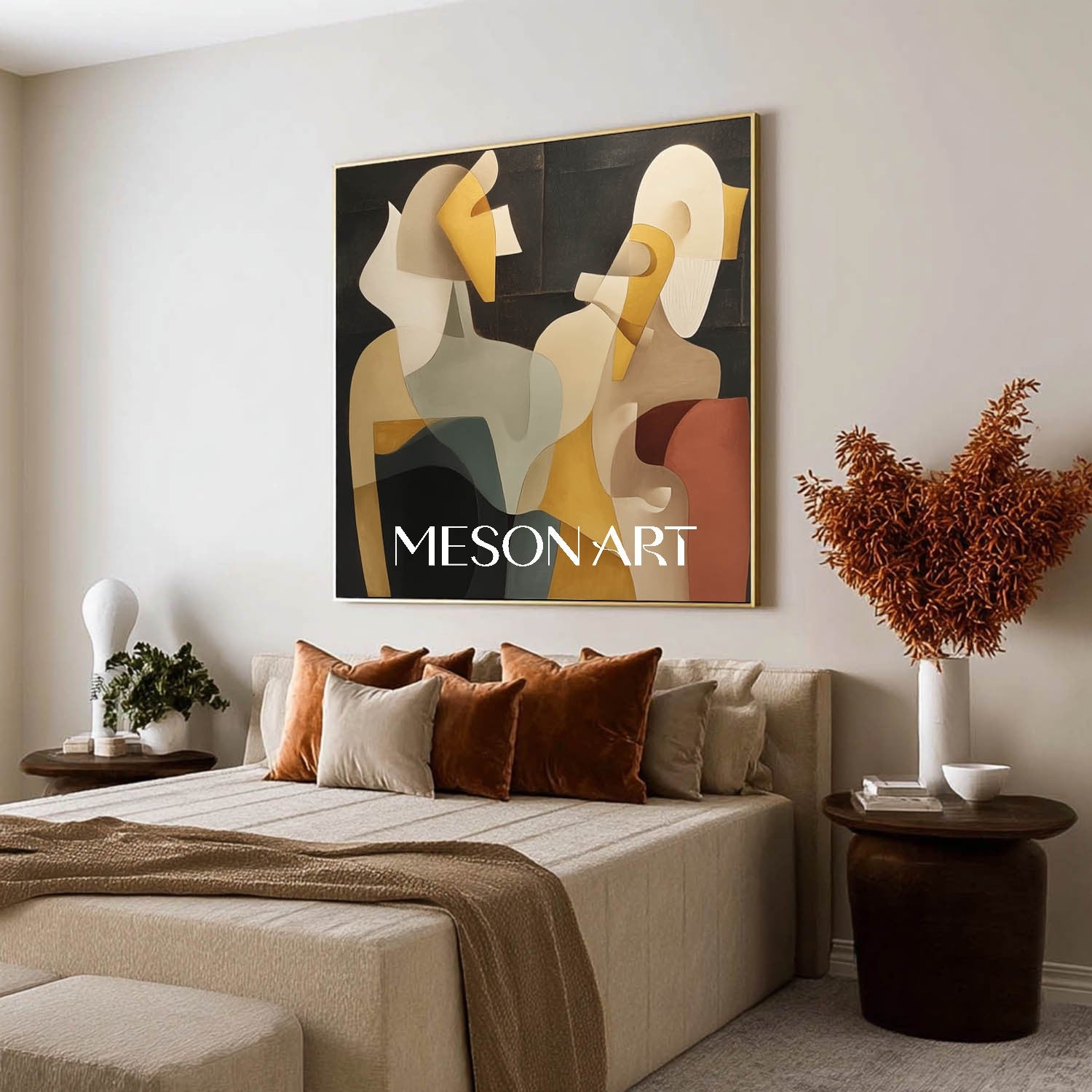 Picasso Style Square Abstract Wall Art Earth Tones Neutral Painting