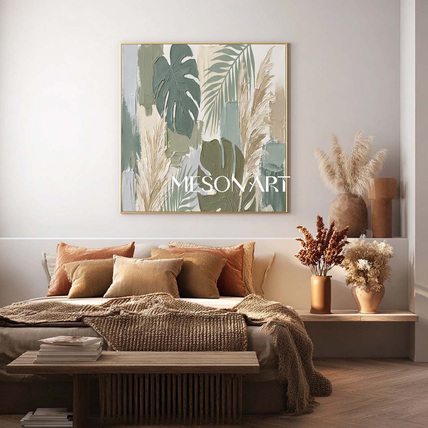 Sage Green Wall Art Impasto Botanical Painting Calming Bedroom Wall Decor