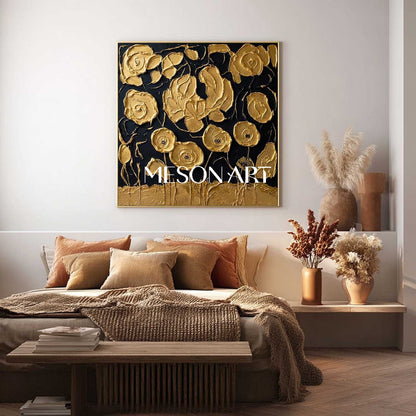 Black And Gold 3D Textured Flower Art | Luxury Canvas Painting