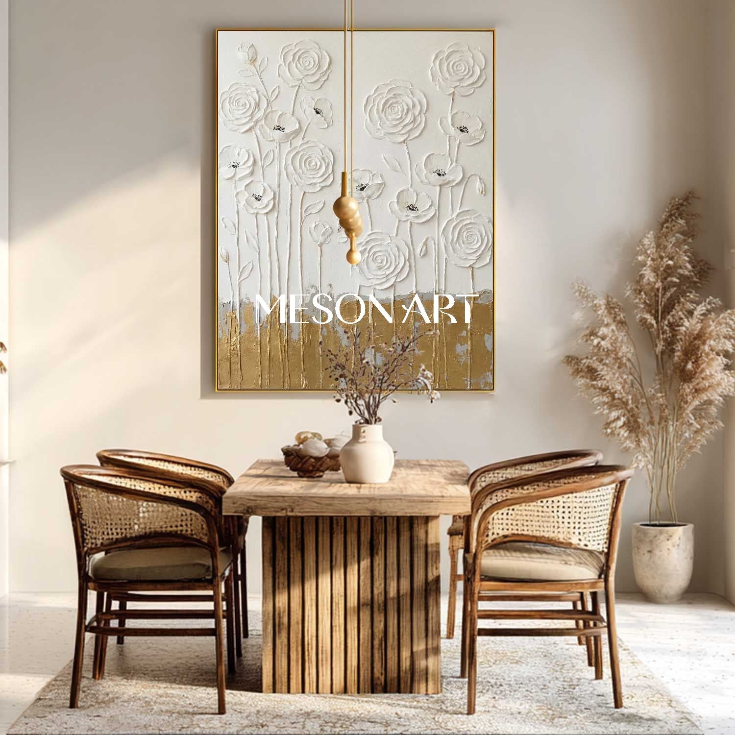 Elegant Bedroom Headboard Decor White Rose Plaster Abstract Canvas Art