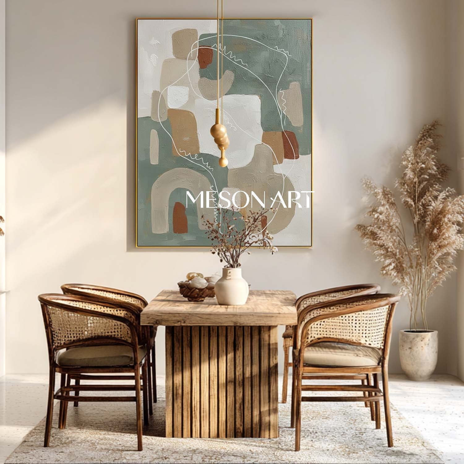 3D Sage Green Abstract Art Organic Boho Canvas with White Sketch Lines