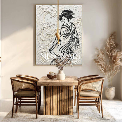 MESON ART Square 3D Textured Canvas Painting, Japanese Style Woman With Flowing Hair And Waves