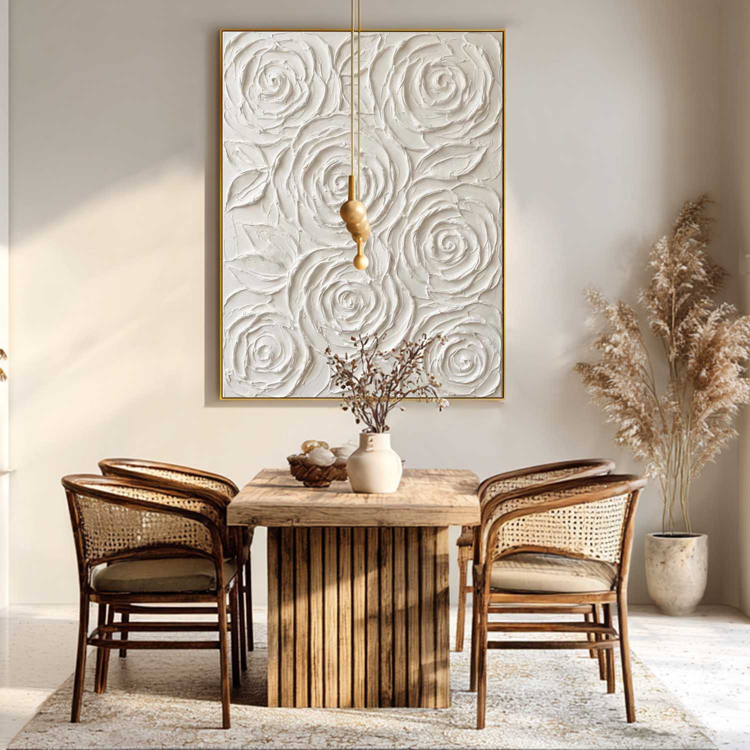 Vertical Gold Framed 3D White Rose Paintings Abstract Textured Wall Decor