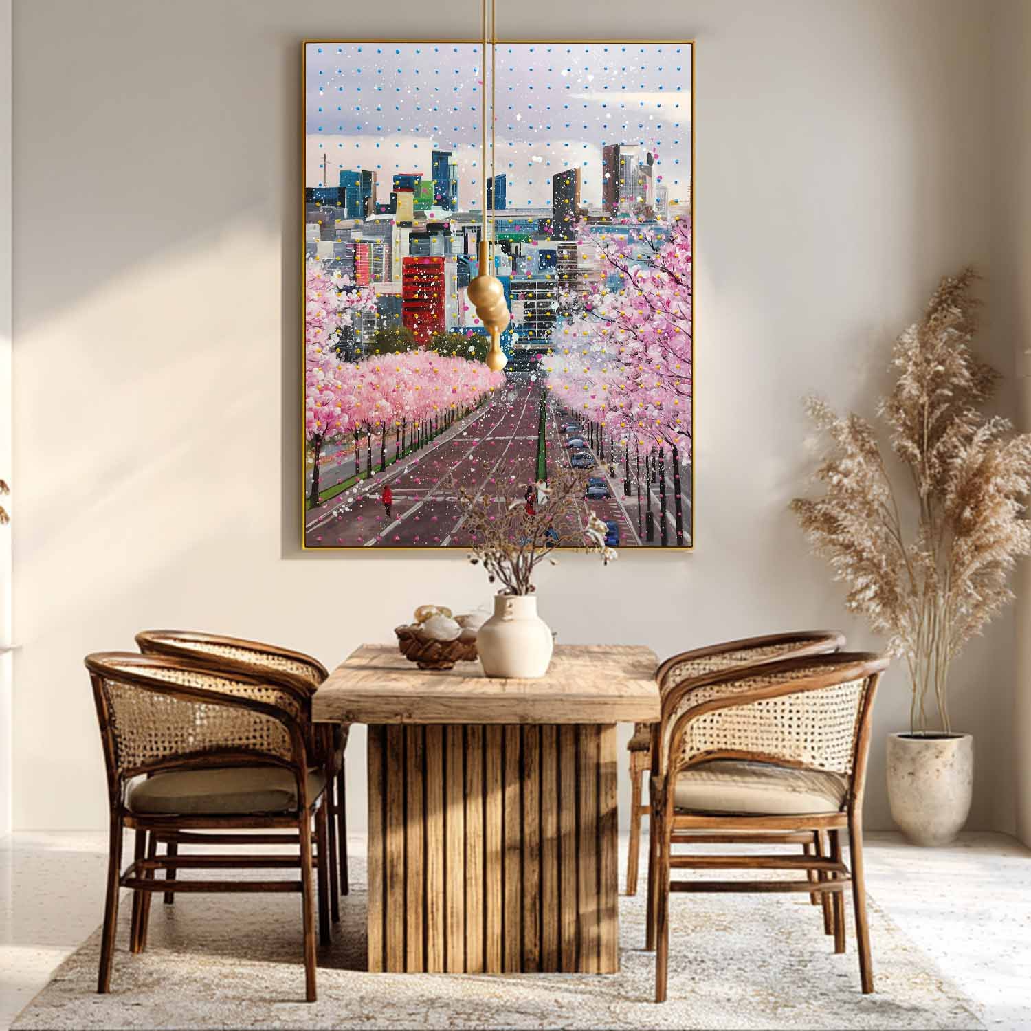 Sakura City Street Canvas Painting Contemporary Cherry Blossom Urban Wall Art