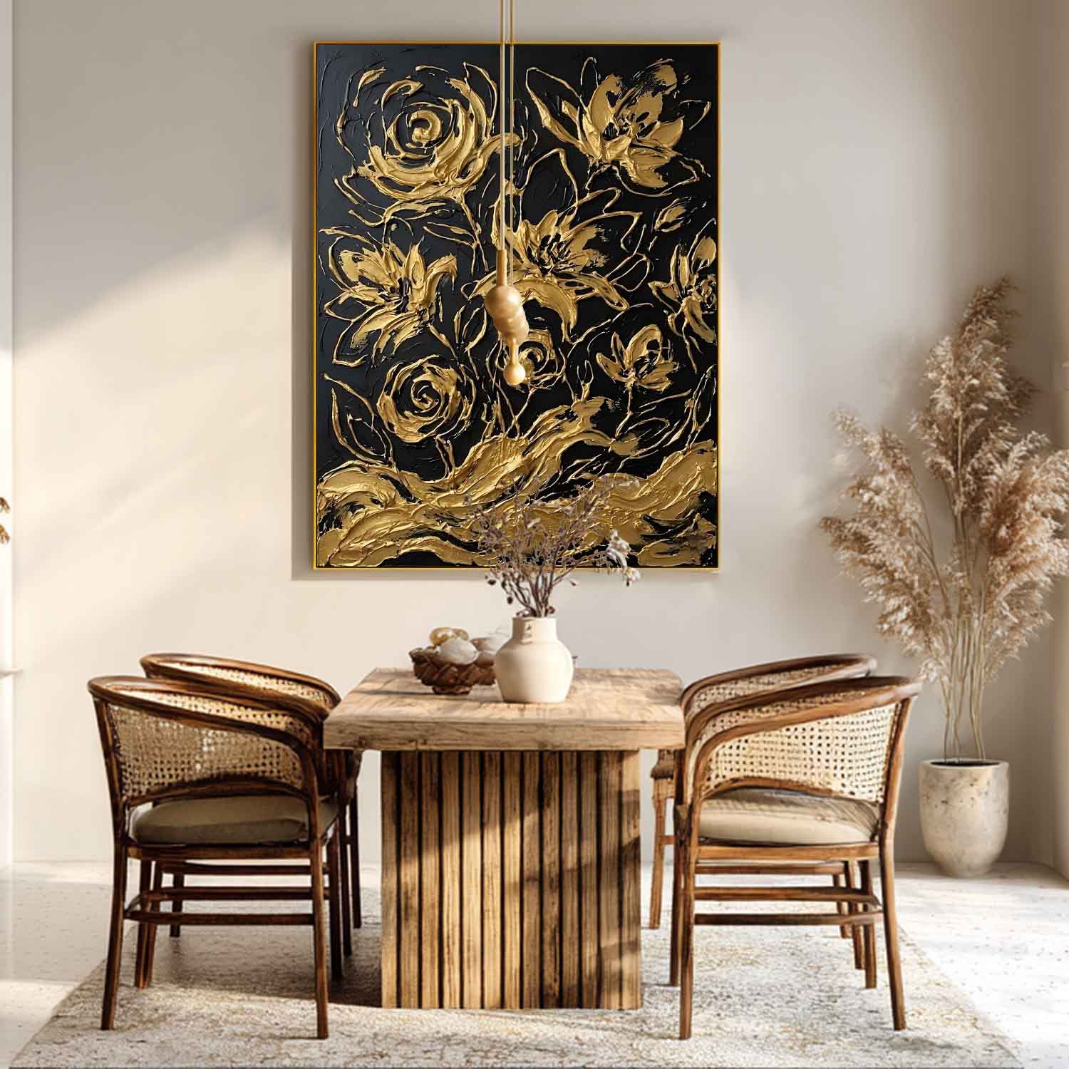 Vertical Black And Gold Abstract Floral Art | 3D Abstract Floral Decor