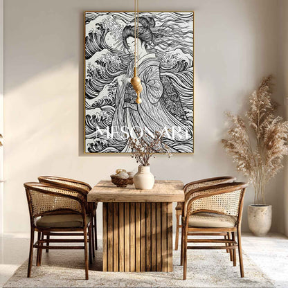 Textured Geisha & Wave Canvas Art | Gold Framed 3D Plaster Painting
