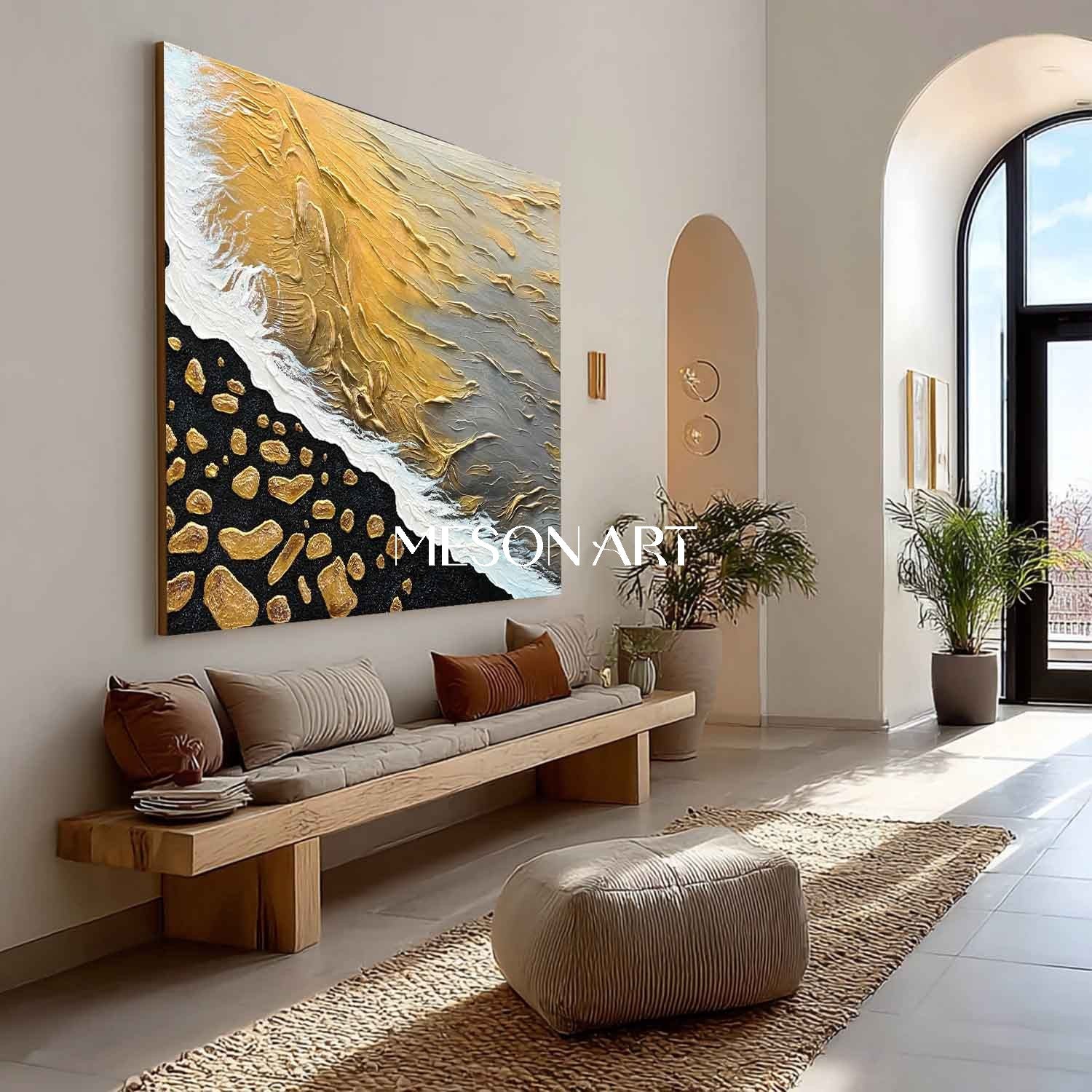 Gold and Black Wave and Beach Textured Canvas Art, Wave and Beach Texture Painting