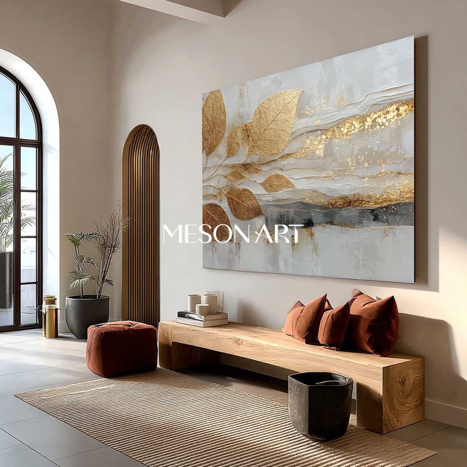Gold Leaf Abstract Wall Art Modern Luxury Canvas Painting for Living Room Decor