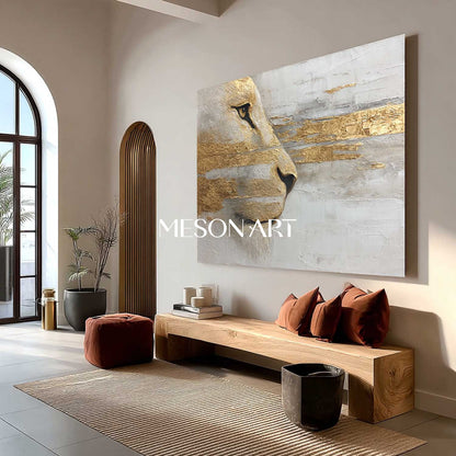 Large Lion Canvas Wall Art Hand-Painted Golden Abstract Animal Painting