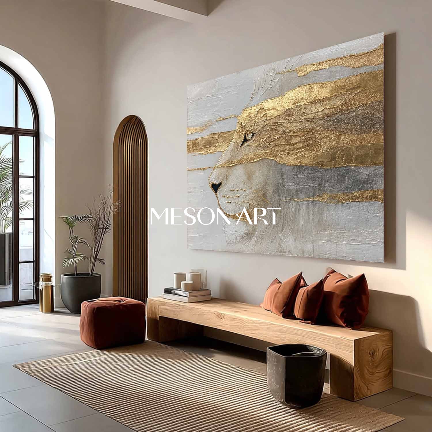 Golden Lion Abstract Painting Textured Animal Canvas Wall Art for Living Room