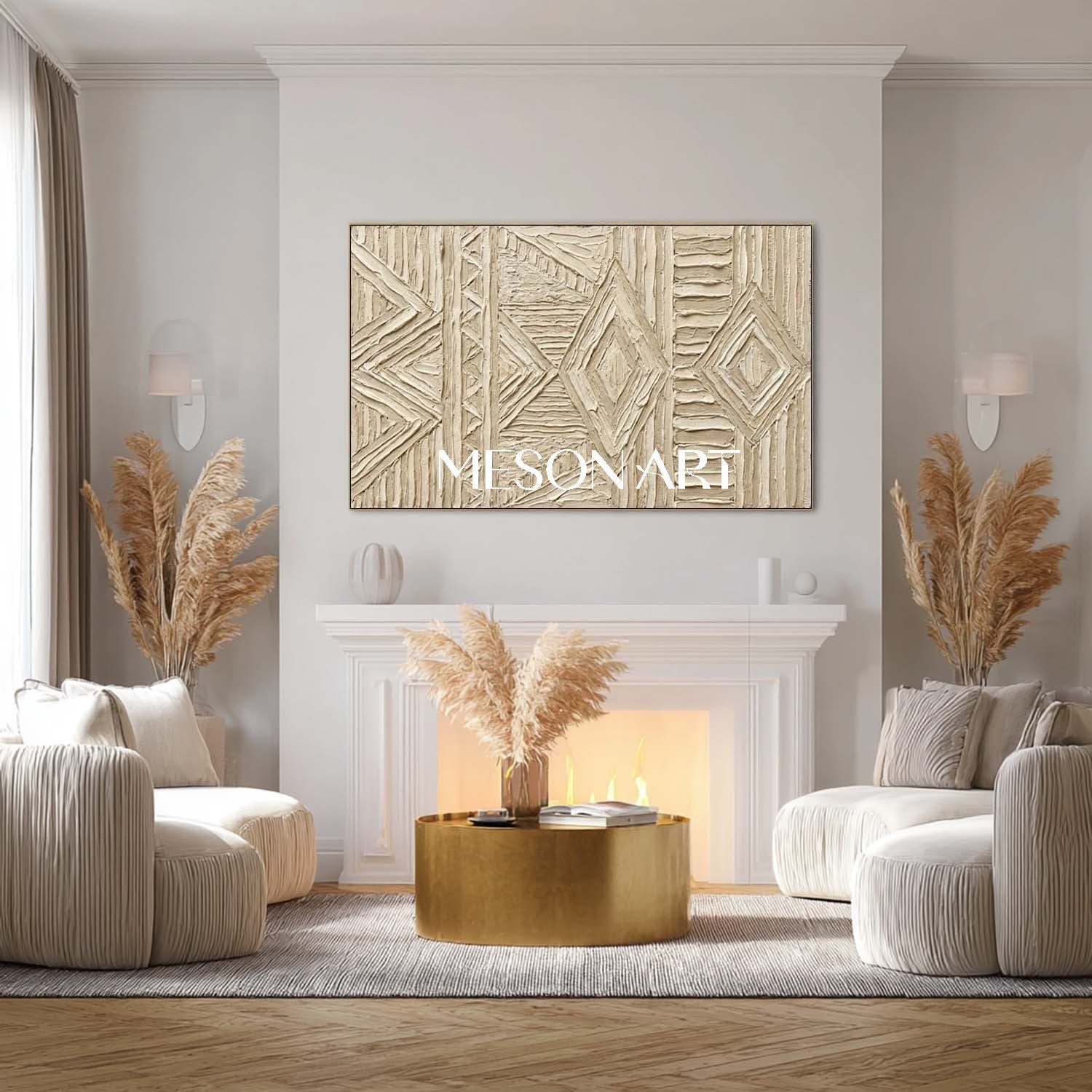 Panoramic Beige Tribal Geometric Art | 3D Textured Relief Decor