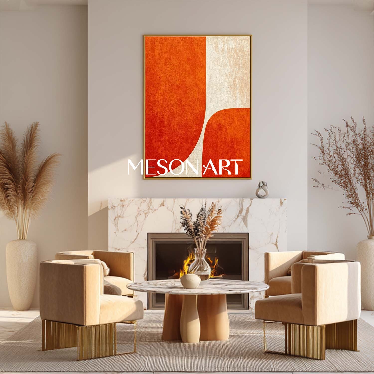 Contemporary Minimalist Abstract Wall Art Orange Textured Canvas for Home Decor