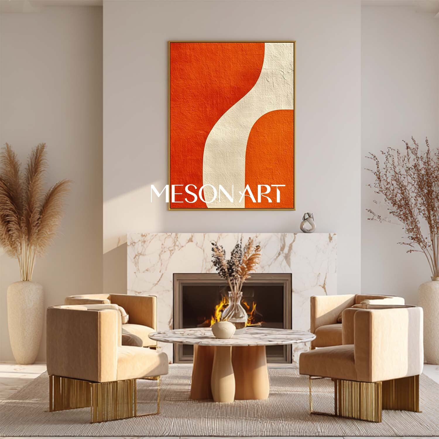 Contemporary Art Modern Wall Decor Abstract Orange Minimalist Canvas for Living Room