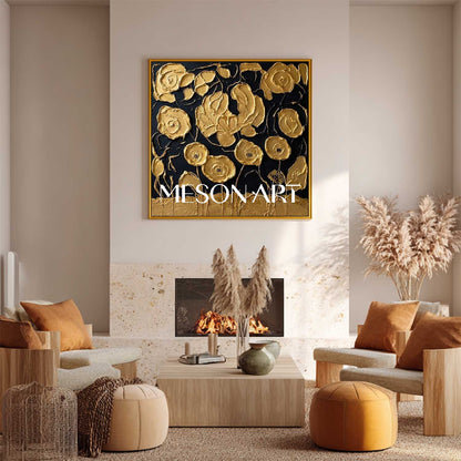 Black And Gold 3D Textured Flower Art | Luxury Canvas Painting